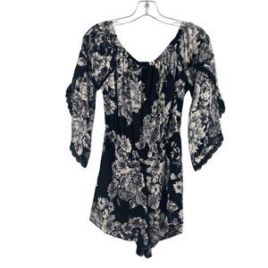 ANGIE Womens Floral Romper Long Belle Sleeves Lace Trim Black/Multi Size Medium